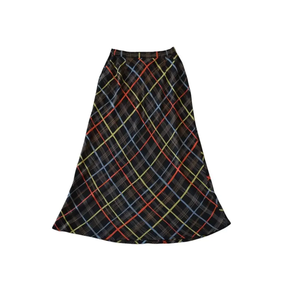 Vintage 100% Silk Plaid A-Line Midi Skirt Size XS 24
